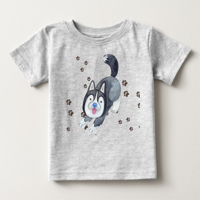 Playful Baby Siberian Husky Puppy Dog Making Track Baby T-Shirt (Front)