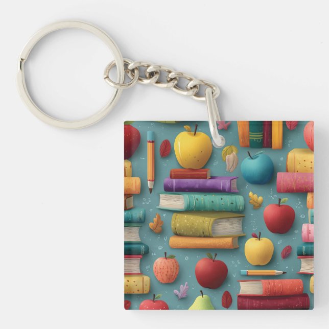 Playful Back-to-School Design with Books and Apple Key Ring (Front)