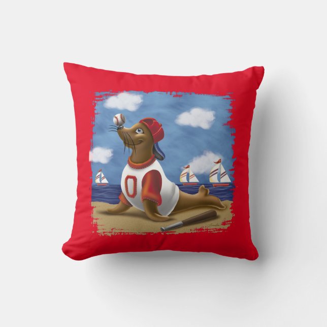 Playful Baseball Seal Throw Pillow (Front)