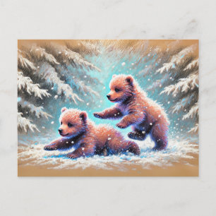 Playful Bear Cubs in Snow Pastel Chalk Drawing Postcard