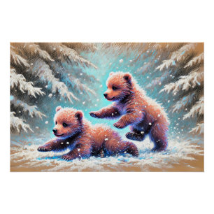 Playful Bear Cubs in Snow Pastel Chalk Drawing Poster