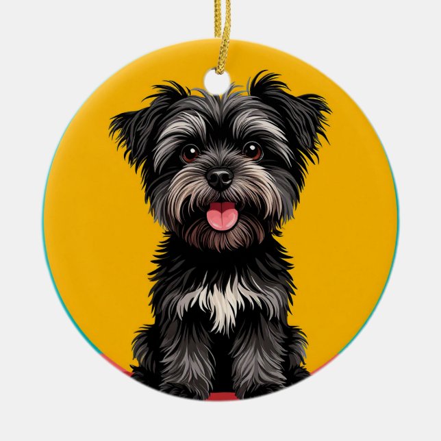 Playful Black And Gray Terrier Puppy Portrait Ceramic Ornament (Front)