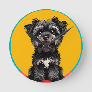Playful Black And Gray Terrier Puppy Portrait Round Clock