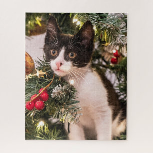 Playful Black and White Cat in Christmas Tree Jigsaw Puzzle