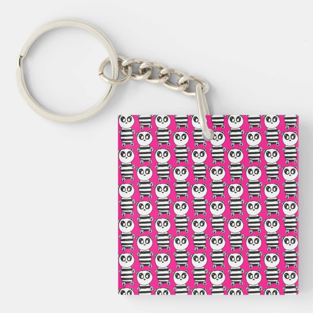 Playful Black and White Panda Art Key Ring (Front)