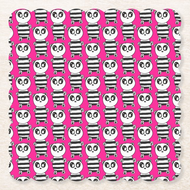 Playful Black and White Panda Art Paper Coaster (Front)