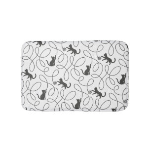 Playful Black Cat and Yarn Ball Pattern Bath Mat