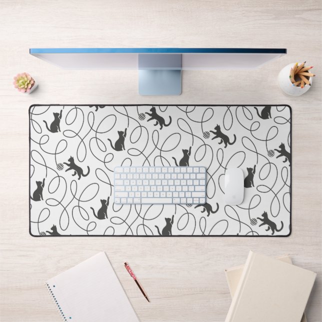 Playful Black Cat and Yarn Ball Pattern Desk Mat (Office 1)