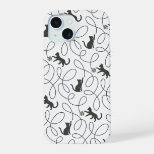 Playful Black Cat and Yarn Ball Pattern iPhone 15 Case