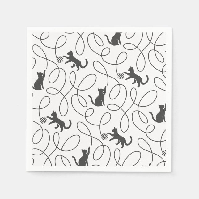 Playful Black Cat and Yarn Ball Pattern Napkin (Front)
