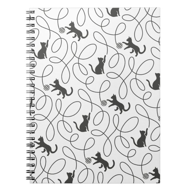 Playful Black Cat and Yarn Ball Pattern Notebook (Front)
