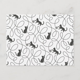Playful Black Cat and Yarn Ball Pattern Postcard