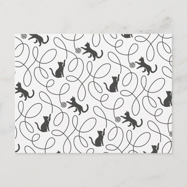 Playful Black Cat and Yarn Ball Pattern Postcard (Front)