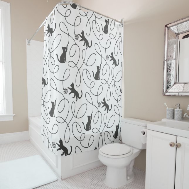 Playful Black Cat and Yarn Ball Pattern Shower Curtain (In Situ)