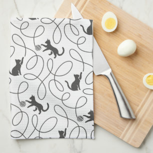 Playful Black Cat and Yarn Ball Pattern Tea Towel