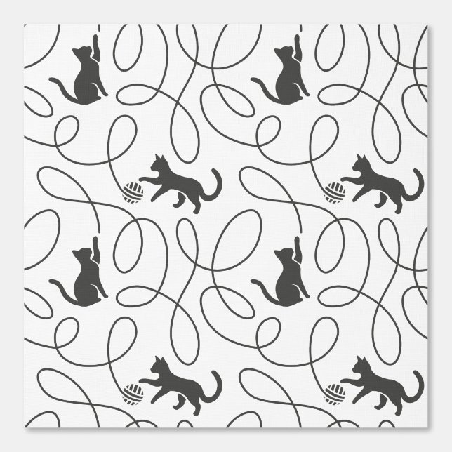 Playful Black Cat and Yarn Ball Pattern Wallpaper (Front)