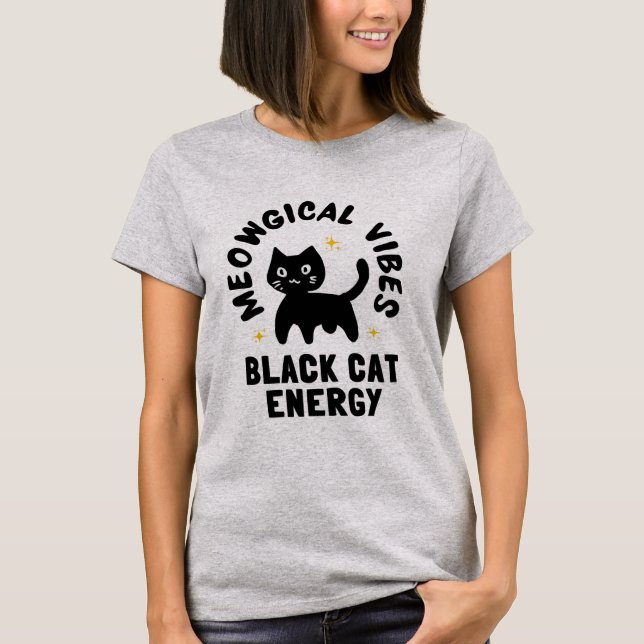 Playful Black Cat Energy, Sparkling Feline design T-Shirt (Front)