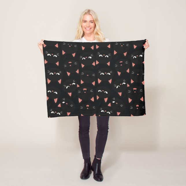 Playful Black Cat Faces – Cute Kawaii Fleece Blanket (In Situ)