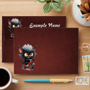 Playful Black Cat on Red Bicycle Envelope