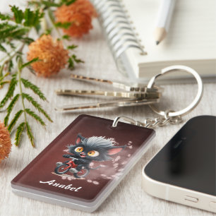 Playful Black Cat on Red Bicycle Key Ring