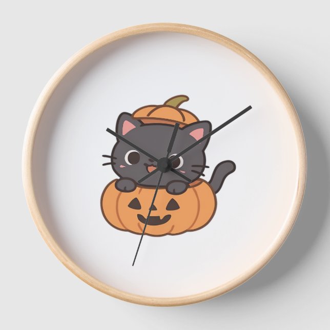 Playful Black Cat Popping Out of Pumpkin T-Shirt - Clock (Front)