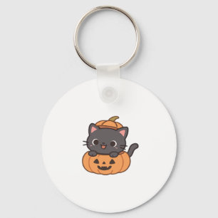 Playful Black Cat Popping Out of Pumpkin T-Shirt - Key Ring