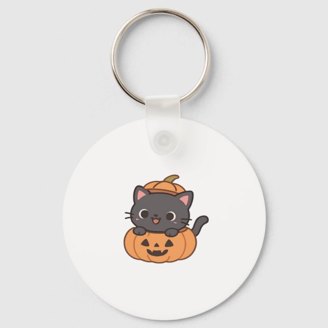 Playful Black Cat Popping Out of Pumpkin T-Shirt - Key Ring (Front)