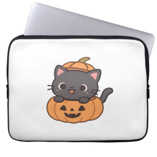 Playful Black Cat Popping Out of Pumpkin T-Shirt - Laptop Sleeve