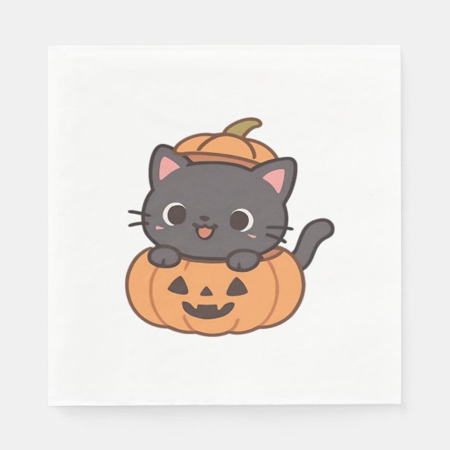 Playful Black Cat Popping Out of Pumpkin T-Shirt - Napkin (Front)