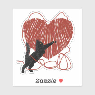 Playful Black Cat Unraveling Red Heart