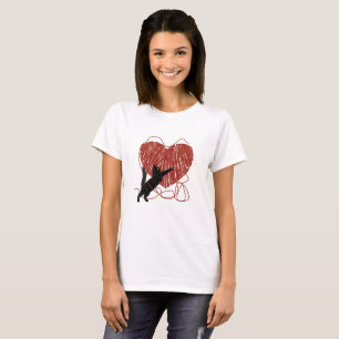 Playful Black Cat Unraveling Red Heart T-Shirt