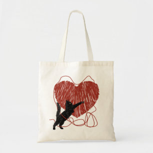 Playful Black Cat Unraveling Red Heart Tote Bag