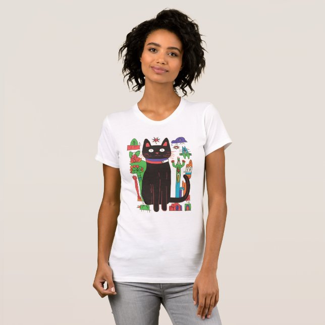 Playful Black Cat with Colourful Abstract Accents T-Shirt (Front Full)