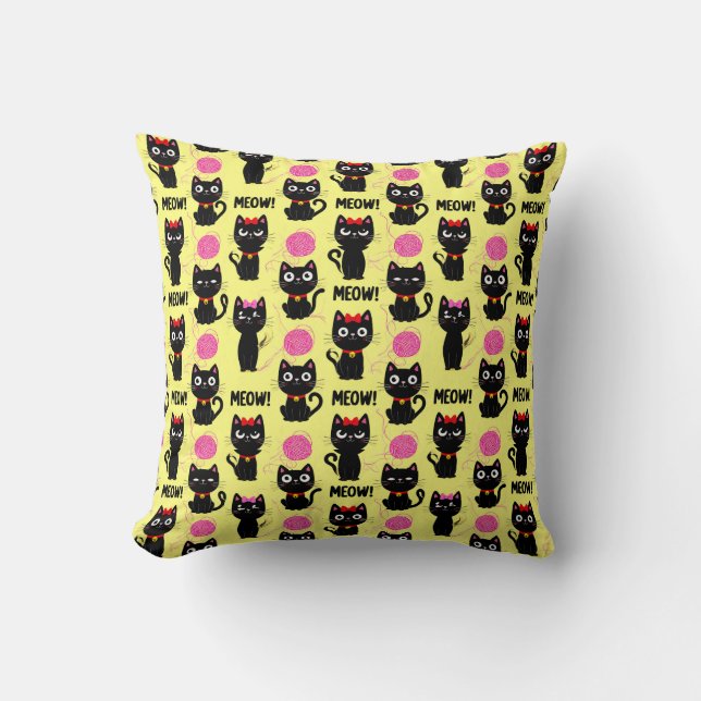 🐾 Playful Black Cat Yarn Pattern Cosy Decor Cushion (Front)