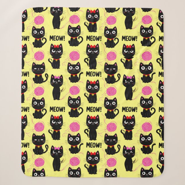Playful Black Cats With Yarn Balls Pattern Sherpa Blanket (Front)