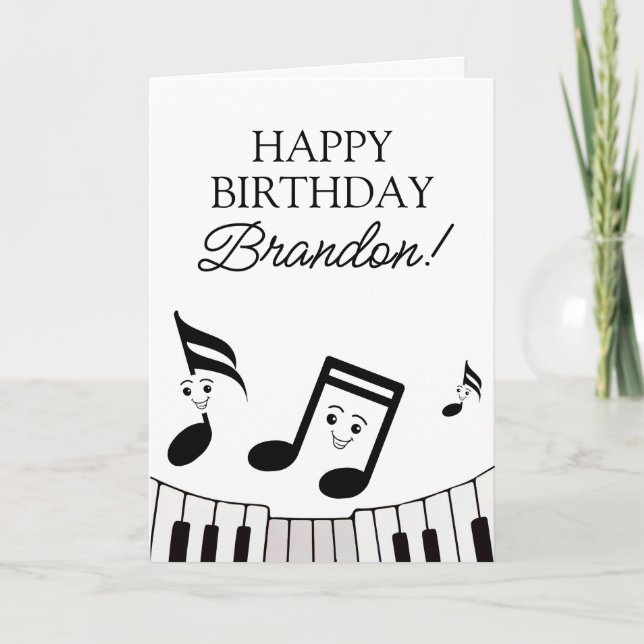Playful Black & White Musical Notes Piano Birthday (Front)