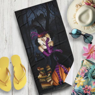 Playful Blonde Witch Pumpkin Purple Fantasy Bath Towel