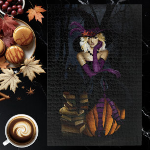 Playful Blonde Witch Pumpkin Purple Fantasy Jigsaw Puzzle