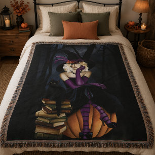 Playful Blonde Witch Pumpkin Purple Fantasy Throw Blanket