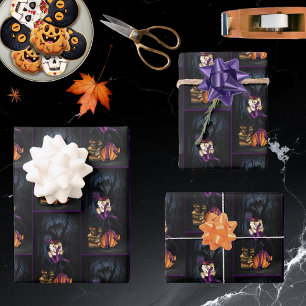 Playful Blonde Witch Pumpkin Purple Fantasy  Wrapping Paper Sheet