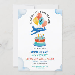 Playful Blue Aeroplane Boys 5th Birthday Invitation