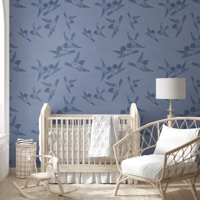 Playful Blue Birds Peel & Stick   Wallpaper (Kids)