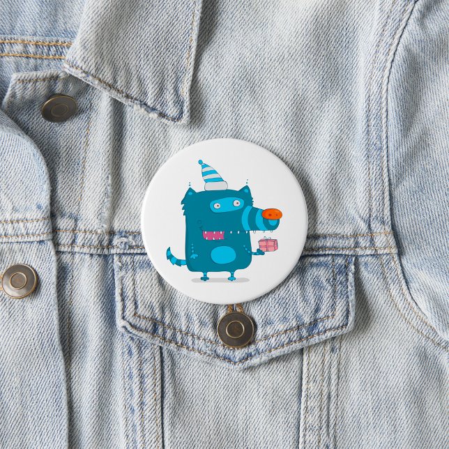 Playful Blue Cartoon Monster with Party Hat 7.5 Cm Round Badge (Creator Uploaded)