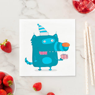 Playful Blue Cartoon Monster with Party Hat Napkin