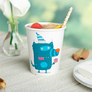 Playful Blue Cartoon Monster with Party Hat Paper Cups