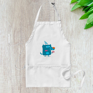 Playful Blue Cartoon Monster with Party Hat Standard Apron