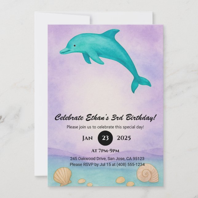 Playful Blue Dolphin & Seashell Ocean Birthday  Invitation (Front)
