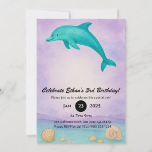 Playful Blue Dolphin & Seashell Ocean Birthday Invitation