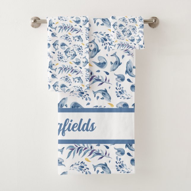 Playful Blue Dolphins and Waves  Bath Towel Set (Insitu)