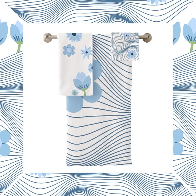 Playful Blue Flowers and Waves Bath Towel Set (Creator Uploaded)